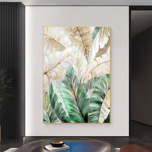 This is an Large Original Green Leaf Oil Painting on Canvas, Abstract Gold Foil Leaves Boho Nature Landscape Tree Painting Living Room Wall Art Decor, which can be used to decorate your space or as a housewarming gift for relatives and friends.